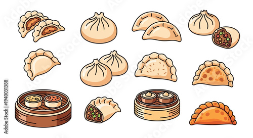 Variety of dumplings on plates.