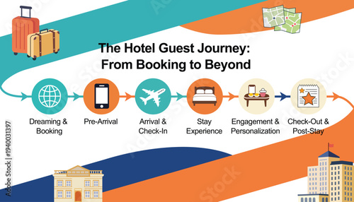 Hospitality guest journey timeline illustration featuring key stages from dreaming and booking to check out and post stay engagement