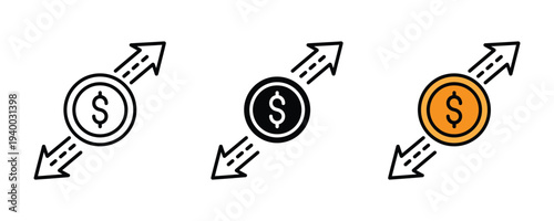 Global currency exchange and financial transaction icon set. Dollar coin with bidirectional arrows symbol. Vector Illustration.