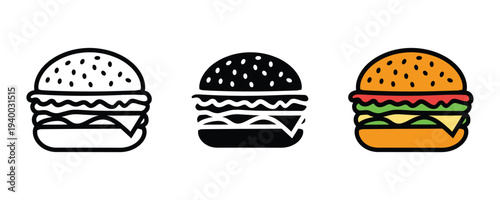 Fresh beef burger or cheeseburger icon set. Fast food and restaurant meal symbol. Vector Illustration.