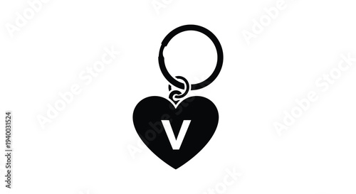 A minimalist black silhouette depicts a heart shaped keychain with the letter v capturing a simple design silhouette