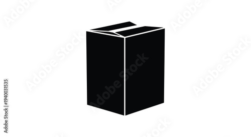 A stark black silhouette of an open cardboard box against a plain white background emphasizing simple form silhouette