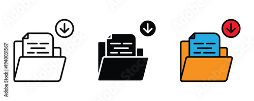 Document download and file storage icon set. Folder with paper and download arrow symbol. Vector Illustration.
