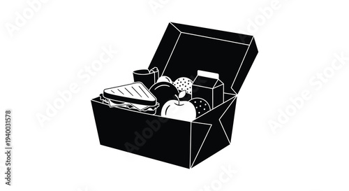 A minimalist depiction of an open lunchbox containing a sandwich fruit and drink in silhouette high quality professional