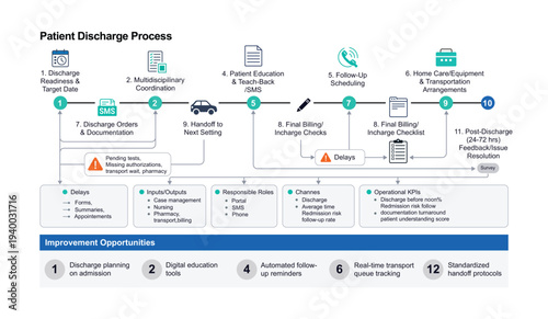 Patient discharge process with improvement opportunities healthcare workflow diagram