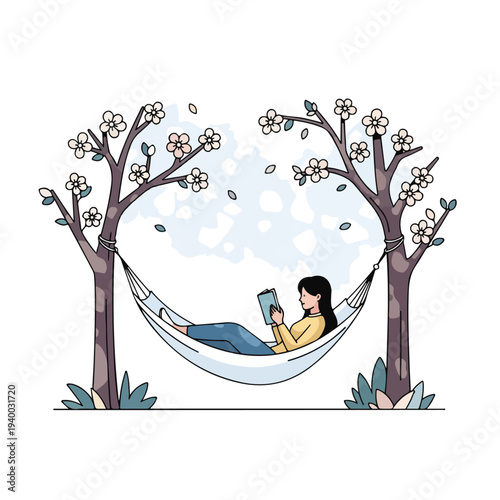 A woman relaxes in a hammock between two blooming trees, reading a book on a sunny spring day with a serene background.