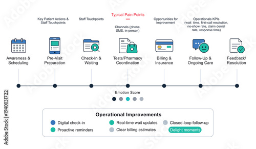 Patient journey map showing healthcare touchpoints and operational improvement opportunities