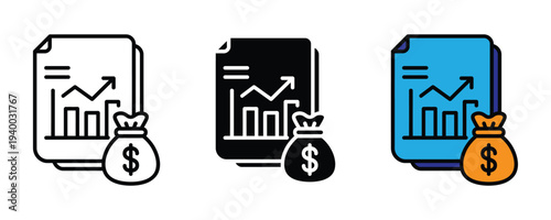 Financial growth and investment report icon set. Business analytics with money bag symbol. Vector Illustration.