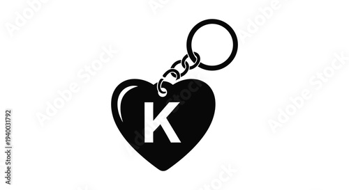 A minimalist graphic depicts a black heart shaped keychain with the letter k presented as a silhouette high quality