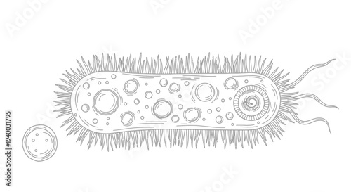 Detailed illustration of a bacterium with flagella and pili.