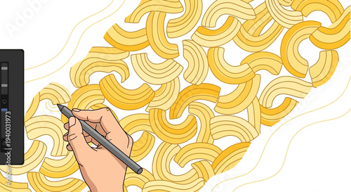 Artist hand drawing macaroni pasta with digital stylus on tablet, creative food illustration