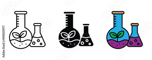 Science lab beaker with plant growth icon set. Biotechnology and agricultural research symbol. Vector Illustration.