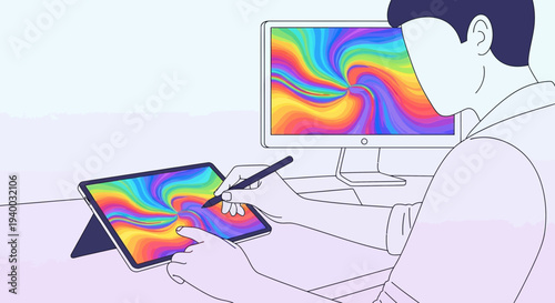 Artist using digital tablet and stylus to create colorful abstract art on screen