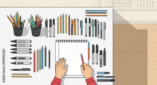 Artist's hands drawing on blank paper with pencils, markers, and pens on desk