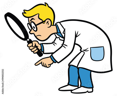 Cartoon scientist examining something closely with magnifying glass