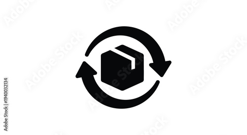 A black silhouette depicts a cube enclosed within a circular arrow representing a cyclical process silhouette high quality