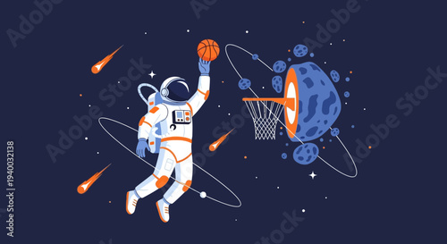 Astronaut Dunking Basketball in Space with Meteorites and Planets