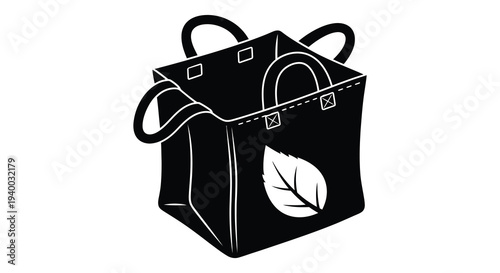 A striking black and white illustration of a tote bag with handles and a leaf detail silhouette high quality professional