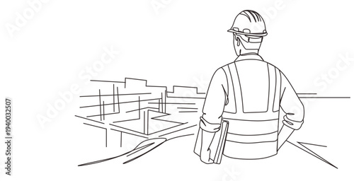continuous line drawing of construction worker looking at blueprint  line art vector illustration.