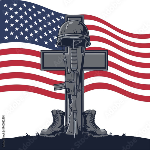 United States military fallen soldier memorial cross with helmet, rifle, boots and American flag tribute