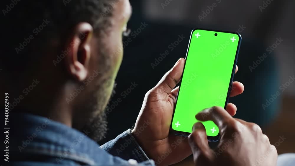 custom made wallpaper toronto digitalGreen Screen close up shot of head and hand afro american man holding his smartphone with looking on it scrolling touching backside view mock scene 3 distortion, overlay, glitch, static noise, scan
