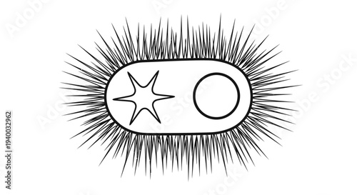 Simple black and white illustration of a bacterium or germ with spikes and a star symbol.