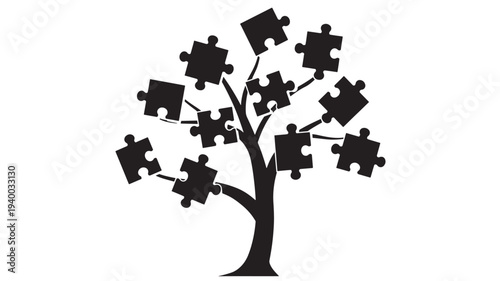 Tree with puzzle pieces as leaves, symbolic of problem-solving and growth, with a black silhouette on white background.