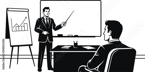 Businessman giving presentation to colleague in office setting