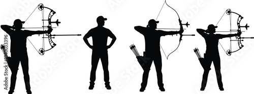 Archery athlete silhouettes aiming with compound bow and traditional bow, target shooting sport action vector illustration set