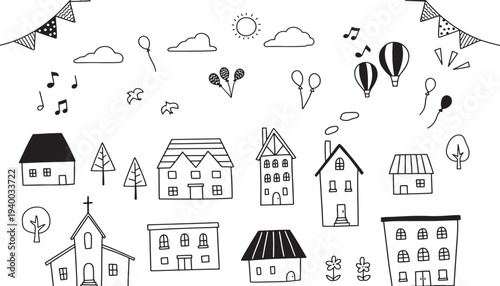 Houses and decorations hand drawn set with simple black and white doodles, including balloons, music notes, and flags