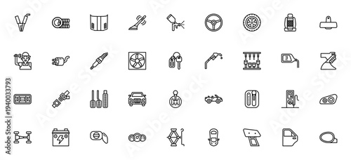 Car icon set. Vector automotive icons pack. Includes battery, antenna, seat, exhaust, dashboard, convertible, petrol station and more. Editable stroke.