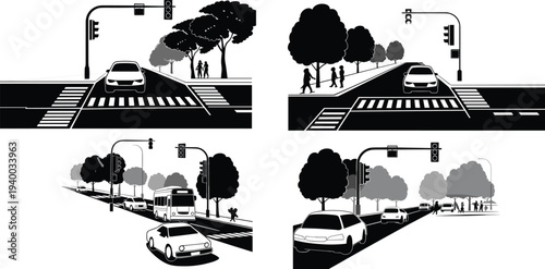 Urban city street traffic silhouette set, car road crosswalk pedestrian trees icons, cad drawing flat vector illustration, highway transportation scenery collection