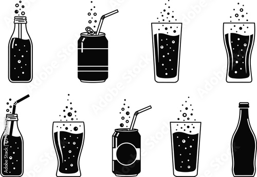 Carbonated soft drink bottles, cans and glasses with bubbles, soda beverage collection set isolated vector illustration for refreshment concept