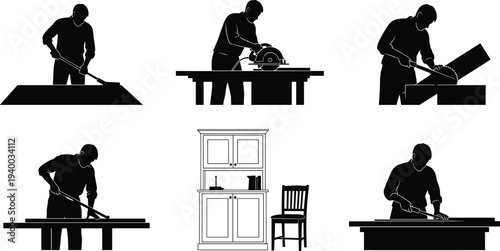 Carpenter woodworking silhouette set, man using saw and tools, furniture making workshop, wood cutting craft, professional carpenter illustration