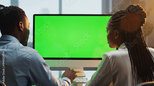 Wallpaper Mural Green Screen view from the back on male and female office workers sitting at desk in front of computer they watching something its chroma key inside scene 4 with distortion, overlay, glitch, static Torontodigital.ca