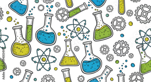 Colorful Science Chemistry Seamless Pattern with Flask Beaker Atom Gear on White.Laboratory Equipment Graphics including Molecular Beakers. STEM Research Publication.