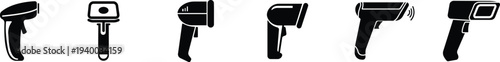 QR code scanner icon set collection group in black flat style featuring barcode reader, scanning device, digital sensor, POS technology, retail equipment and automation synonym elements for payment sy