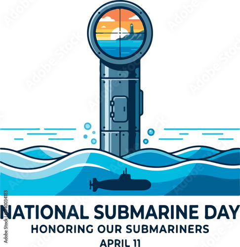Vibrant submarine periscope view on National Submarine Day honoring brave submariners with a stunning ocean sunset background