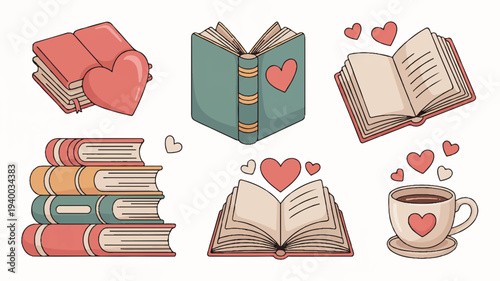 Cute romantic book lover clipart including heart symbols and cup of coffee on white background
