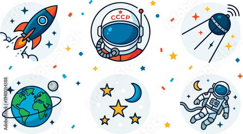 A set of colorful space-themed icons featuring astronauts, planets, rockets, and stars, perfect for educational or creative projects with a retro-futuristic vibe
