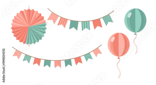 Festive party decoration set in pastel colors, featuring elegant balloons, charming bunting banners, and a decorative paper fan, perfect for celebrations and events