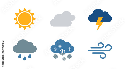 Essential weather forecast vector icons including sun, clouds, rain, snow, lightning, and wind to represent diverse climate conditions