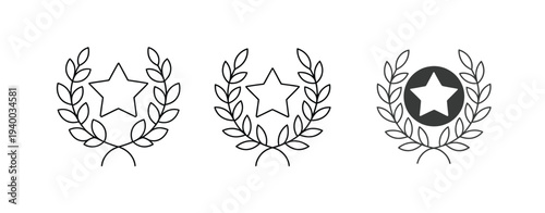 Minimalist line of three laurel wreaths with star symbols