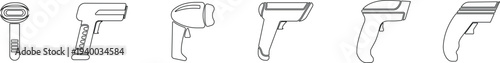 QR code scanner icon set collection group in black line style featuring barcode reader, scanning device, digital sensor, POS technology, retail equipment and automation synonym elements for payment sy