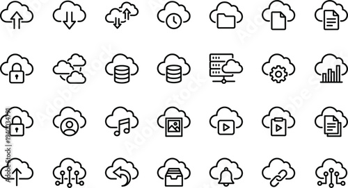 Set of 24 cloud storage and computing outline icons vector, black line symbols for upload download sync server settings, network and database UI design