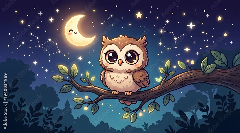 Obraz premium A charming cartoon owl with big eyes sits on a tree branch under a starry night sky with a smiling crescent moon and constellations.