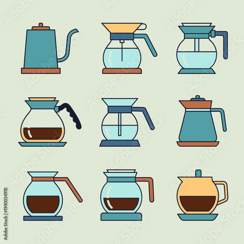 Collection of various coffee makers and carafes for brewing beverages.