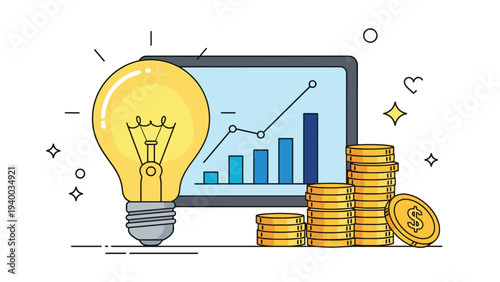 Business innovation concept showing a large glowing light bulb next to financial charts on a laptop screen and stacks of coins.