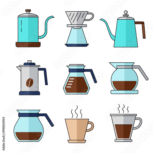 Collection of various coffee making equipment and hot beverages.