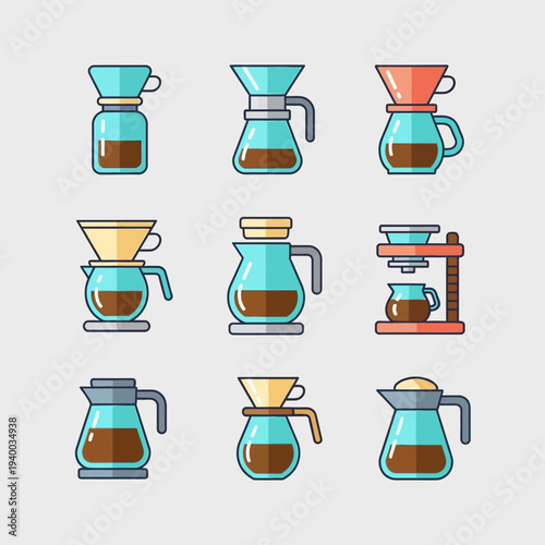 Collection of various pour over coffee makers and carafes for brewing.